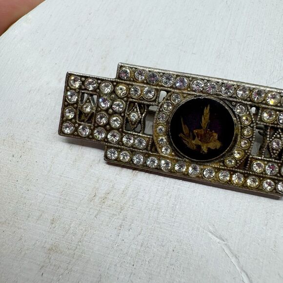 Antique Art Deco Rhinestone Brooch Pin Shadow Box Dried Flower Trombone Clasp - Picture 4 of 12